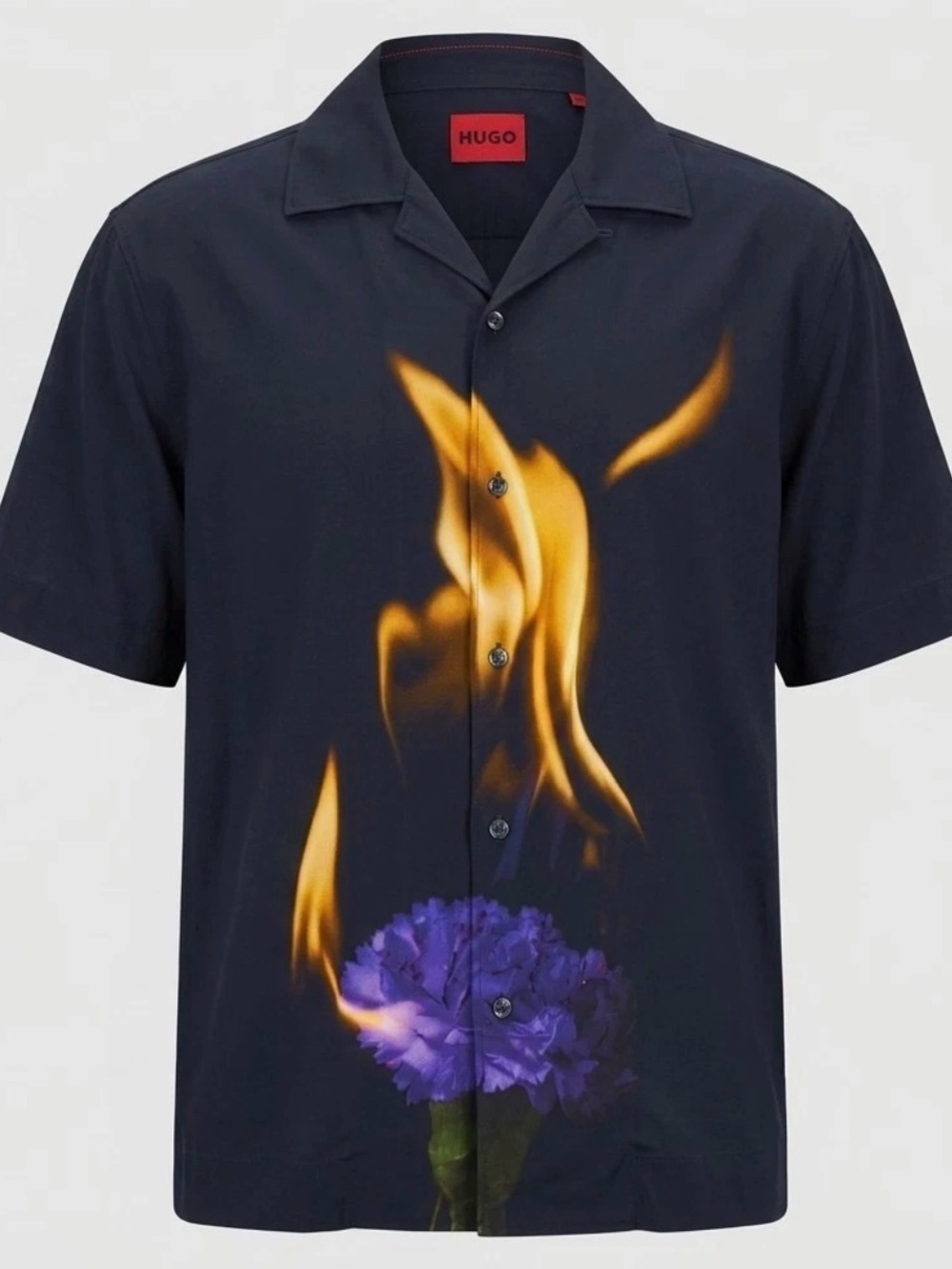 Hugo Men’s Black Short-Sleeve Button-Up Shirt with Flame & Purple Flower Print